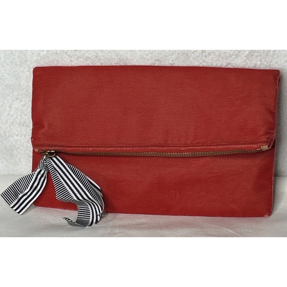 J.Crew Foldover Orange Velvet Clutch Bag MWOT Blue Stripe Ribbon Bow